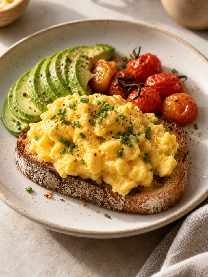 Scrambled eggs on sourdough with avocado and roasted tomatoes