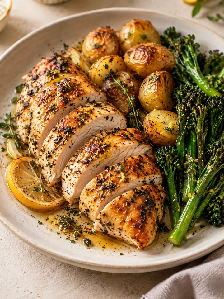Lemon herb chicken with golden potatoes and broccolini