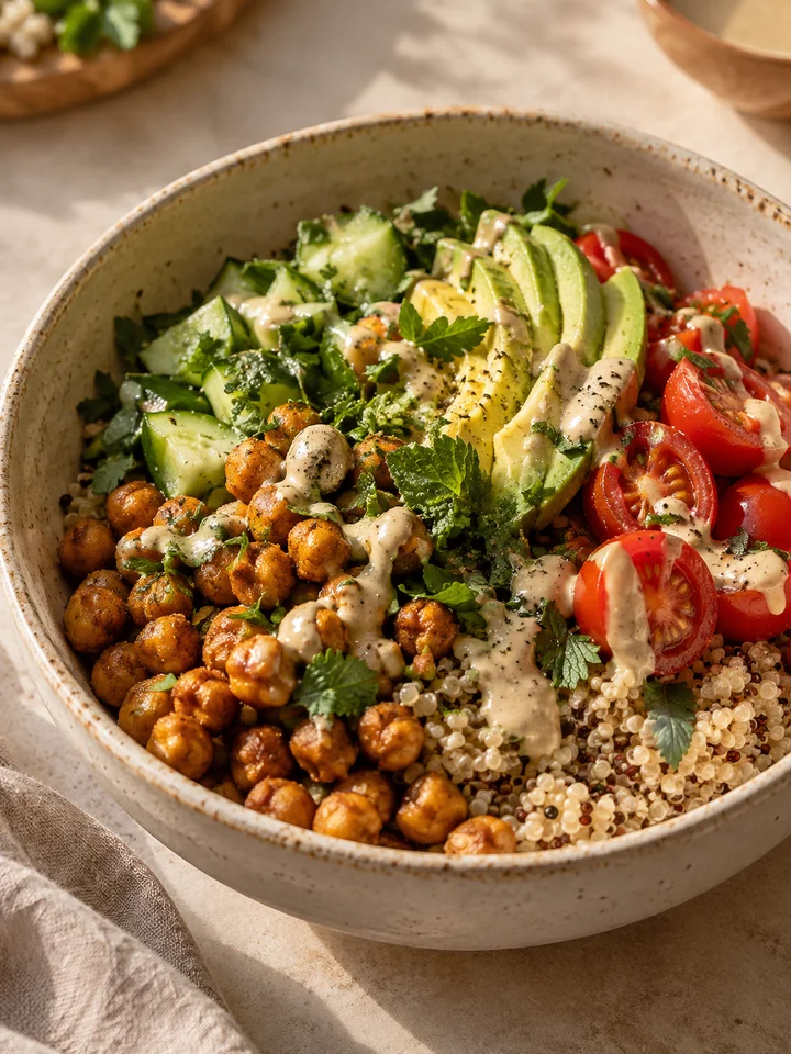 Quinoa and chickpea bowl with avocado and tahini