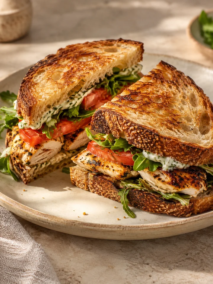 Toasted chicken sourdough sandwich with tomato and greens