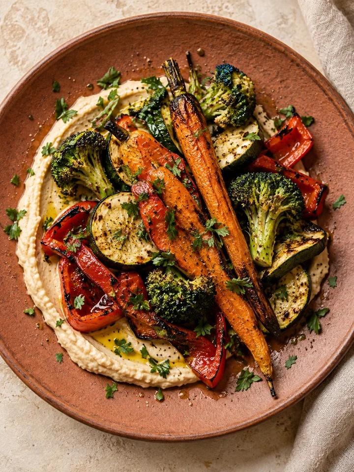 Colourful roasted vegetables on hummus