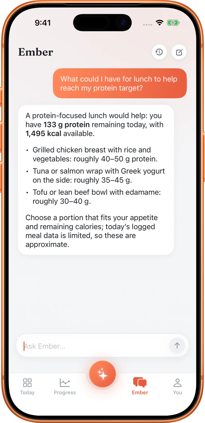 Ember Coach suggesting lunch ideas based on the day's remaining protein and calories